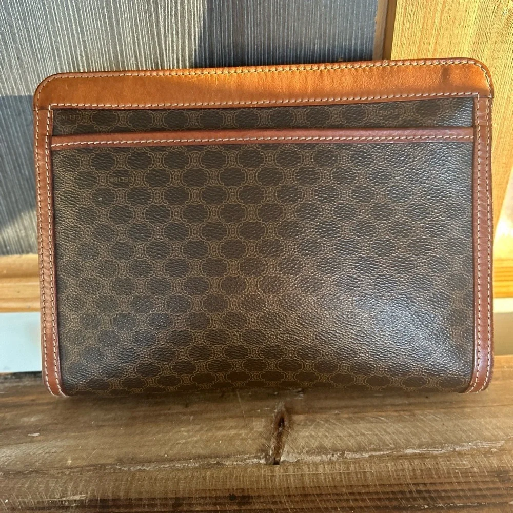 💯 Authentic Italy certified Céline Vintage Macadam Wristlet Pouch Brown Leather